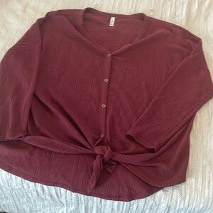 OLRIK Womens Shirt V Neck Waffle Knit long Sleeve Tie Front maroon 2X NWT